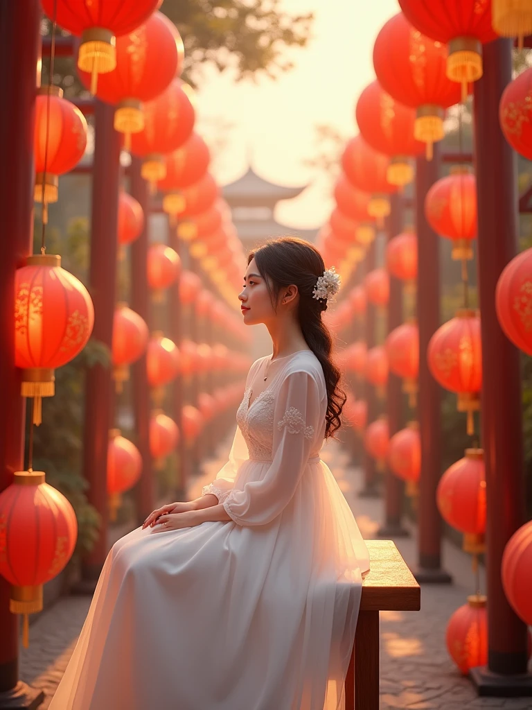 True. wears a white dress with the concept of Mid-Autumn Festival. A beautiful and young Asian girl Sitting on a chair. Mid-Autumn Festival lots of red lanterns , Vietnam scene