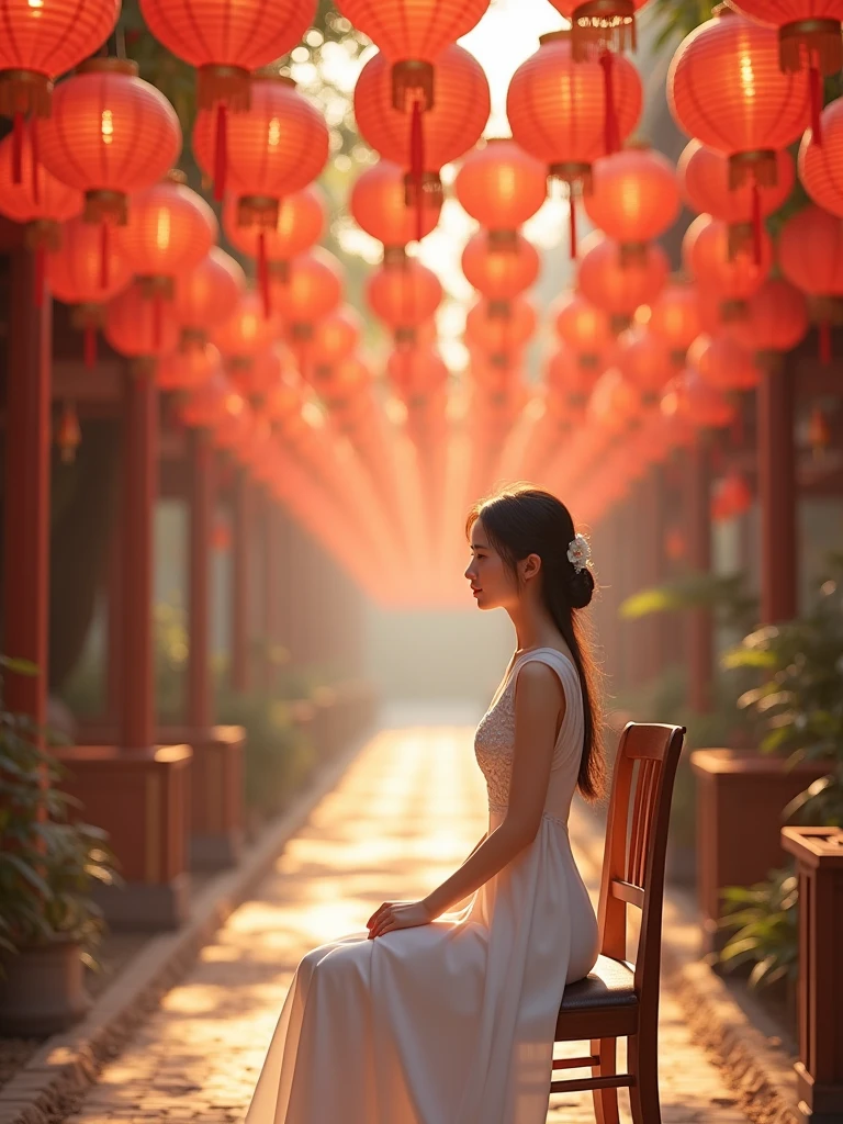 True. wears a white dress with the concept of Mid-Autumn Festival. A beautiful and young Asian girl Sitting on a chair. Mid-Autumn Festival lots of red lanterns , Vietnam scene