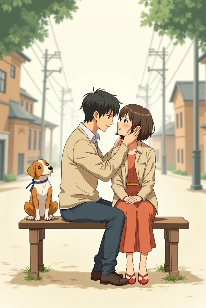 A couple of lovers, he tucking her hair behind her ear, sitting on a bench in the square. She holds the leash of the dog that is sitting next to the couple.. minimalistic, Studio Ghibli