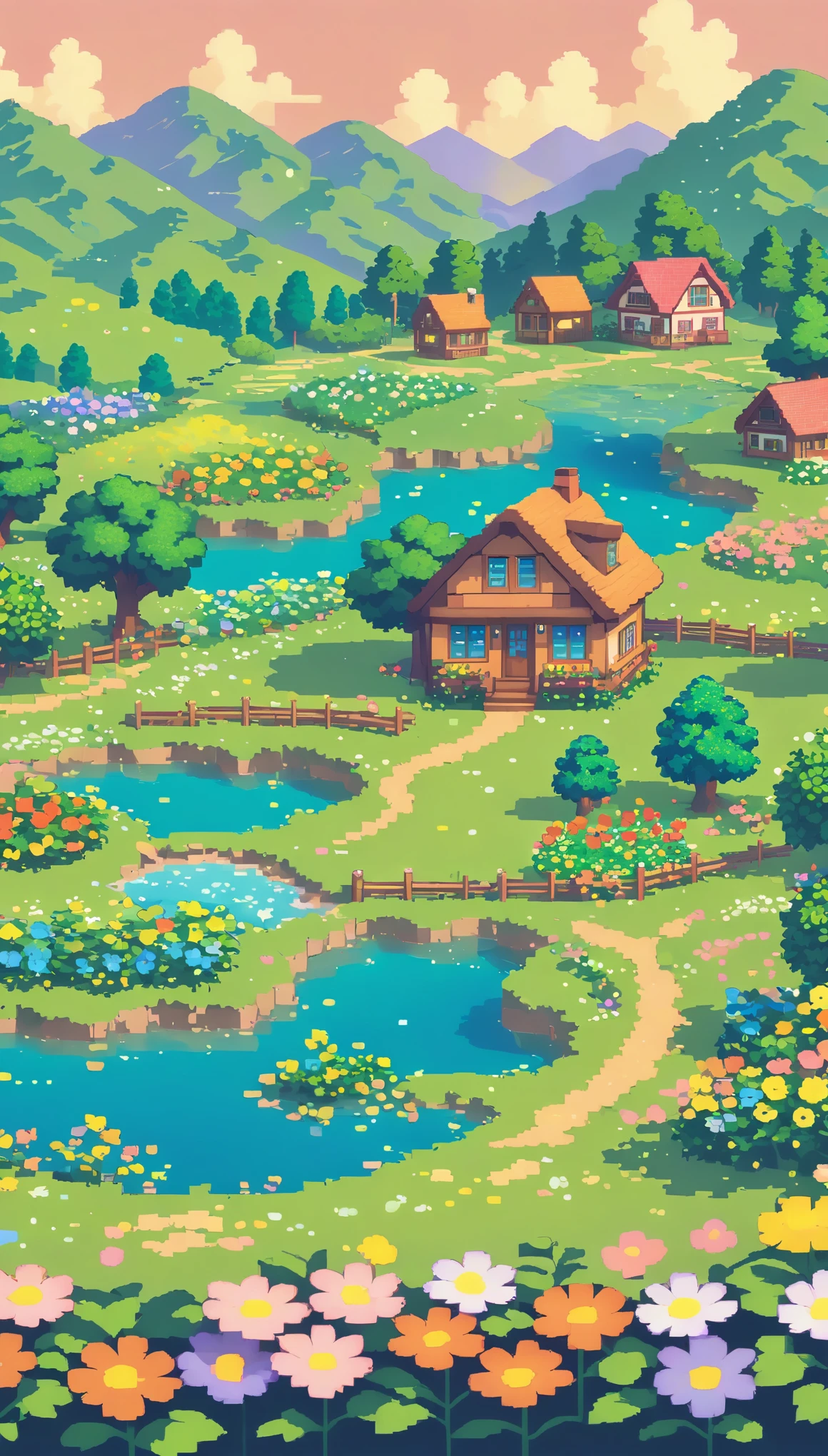 ultrawide landscape lofi stardew valley pixel star valley kawaii cottagecore, No people