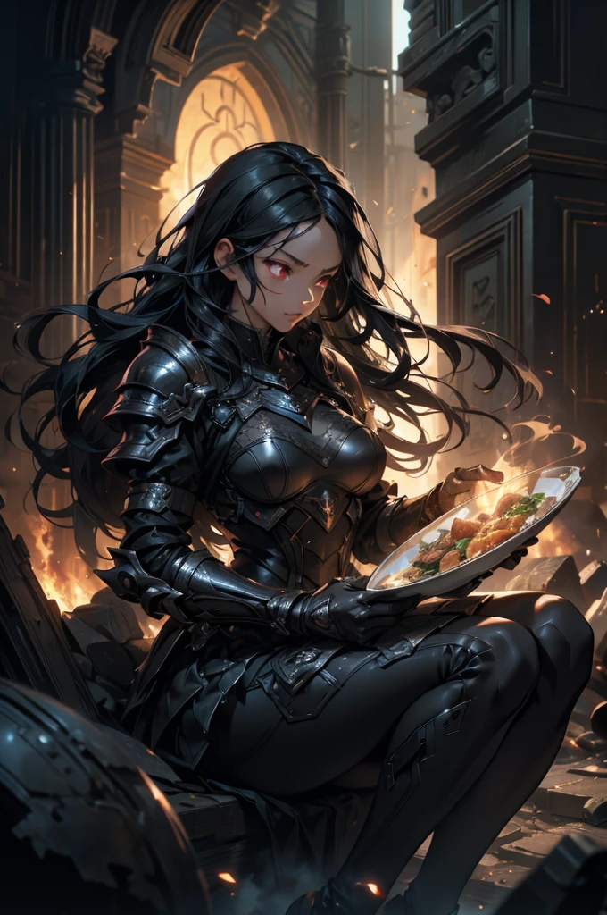 Dark-haired Scandinavian girl wearing half-plate armor and a frilly skirt over a skin-tight black bodysuit, Hold a baby to your chest、(Long black hair:1.4), Red eyes,Attractive breasts、High resolution (High Dynamic Range), Ray Tracing, NVIDIA, Super Resolution, Scattered under the surface, Anisotropic Filtering, Written boundary depth ,Maximum clarity and sharpness, Surface Shading, Dramatic lighting、In the burning ruins、Flames and smoke in the background