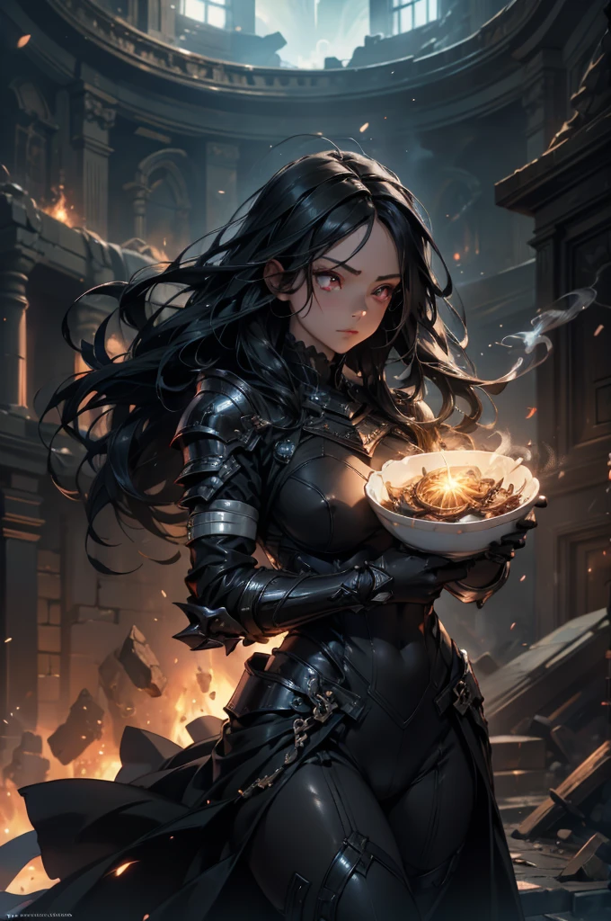 Dark-haired Scandinavian girl wearing half-plate armor and a frilly skirt over a skin-tight black bodysuit, Hold a to your chest、(Long black hair:1.4), Red eyes,Attractive breasts、High resolution (High Dynamic Range), Ray Tracing, NVIDIA, Super Resolution, Scattered under the surface, Anisotropic Filtering, Written boundary depth ,Maximum clarity and sharpness, Surface Shading, Dramatic lighting、In the burning ruins、Flames and smoke in the background