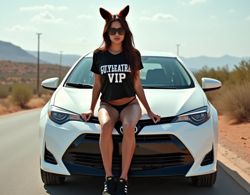 Latin woman, 18 years, huge breasts, big buttocks, athletic body, Athletic legs, black lingerie, fox ears, Black t-shirt cut to the navel with the legend: Queretaro VIP", Sunglasses, black Adidas tennis shoes, sitting on the hood of a white 2016 Toyota Corolla, on a deserted road