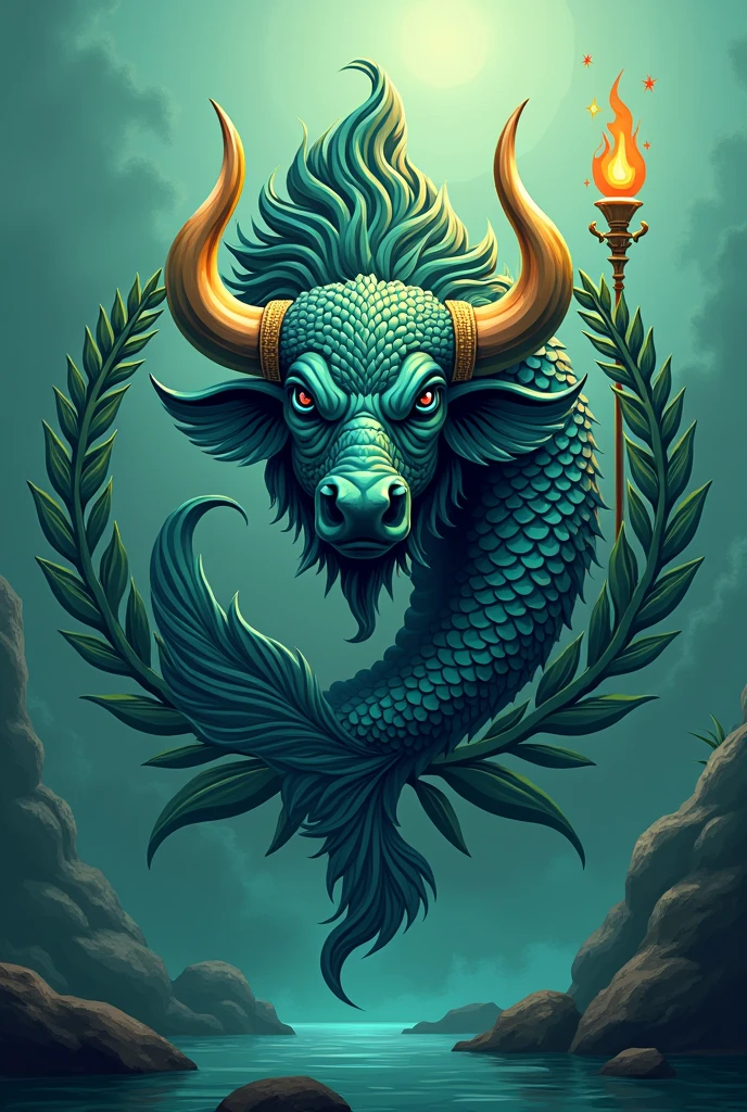 Design a logo featuring a unique combination of a fish and a water buffalo, adorned with a torch and laurel elements. Incorporate shades of green and blue to convey a sense of harmony and tranquility. Be creative and innovative in showcasing the fusion of these symbols to symbolize strength, power, and growth. make it color green and blue