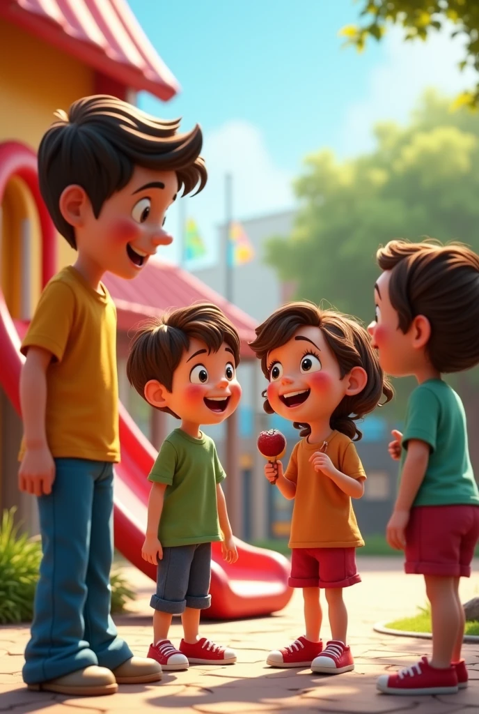 Tom and Sue meet his friends. They are next to the slide. They are very happy, because they are going to go to the sweet shop.

Tom usa un pantalón azul 