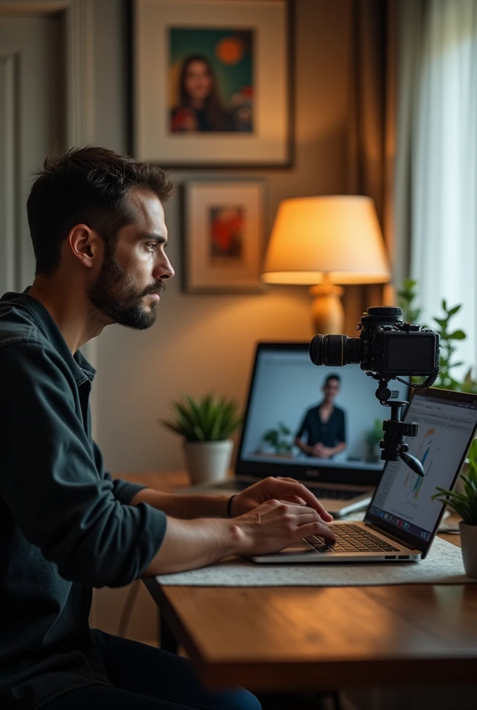 Imagine a man making content for instgram sitting on chair with laptop on table and lamp besides him , camera recording while he speaks