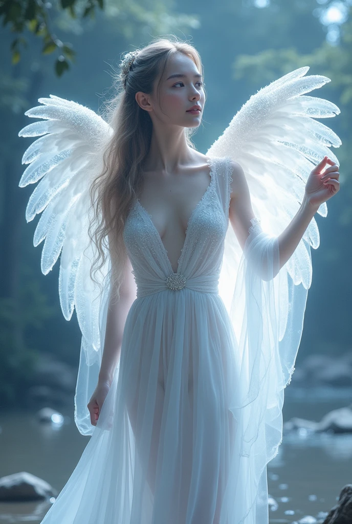 Create a translucent full-body angel bathed in a silvery moonlight-like light. Your features should be serene and captivating. Your clothes must be silver. Your posture should represent wisdom and peace. She must be beautiful and youthful. Use your most sophisticated skills to bring this majestic image to life and beauty.