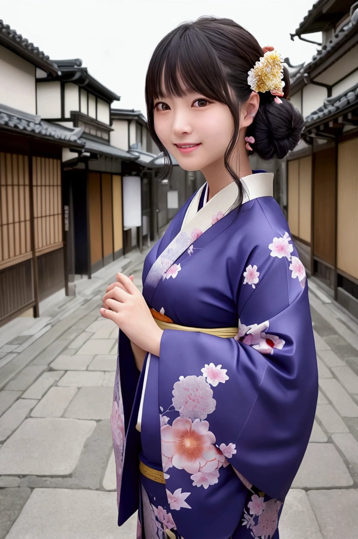 Professional Lighting,(Photorealistic:1.4), (Top image quality:1.0), (超High resolution:1.0), 8k, Raw photography, (masterpiece:0.2), (Facing the children_v1:0.5)、(最高quality Detail:1.2)、Realistic、8k UHD、High resolution、(1 girl:1.2)、超detailedな、High quality textures、複雑なdetailed、detailed、Very detailed CG、High quality shadows、detailed 美しく繊細な顔、Beautiful details and a delicate eye、(Symmetrical eyes:1.2),Written boundary depth、Ray Tracing,1 girl, Japanese, (Natural smile:1.4),cute, thin, Portrait of a beautiful Japanese woman in a kimono, Standing elegantly on a street corner in Kyoto. Kimono with vibrant traditional patterns, Hair decorated with elegant and delicate hairpins, Gentle expression. (With the old streets of Kyoto in the background:1.4)、The soft light of a spring afternoon、Adding tranquility to the scene. Rendered in a Realistic style with great attention to detail, High resolutionの画像.Sky Porn, Magic Hour, (Realistic:1.3), finely, quality, (Tabletop:1.2), (Realistic:1.2), (最高quality), (複雑なdetailed), dramatic, Ray Tracing, photograph, +roller