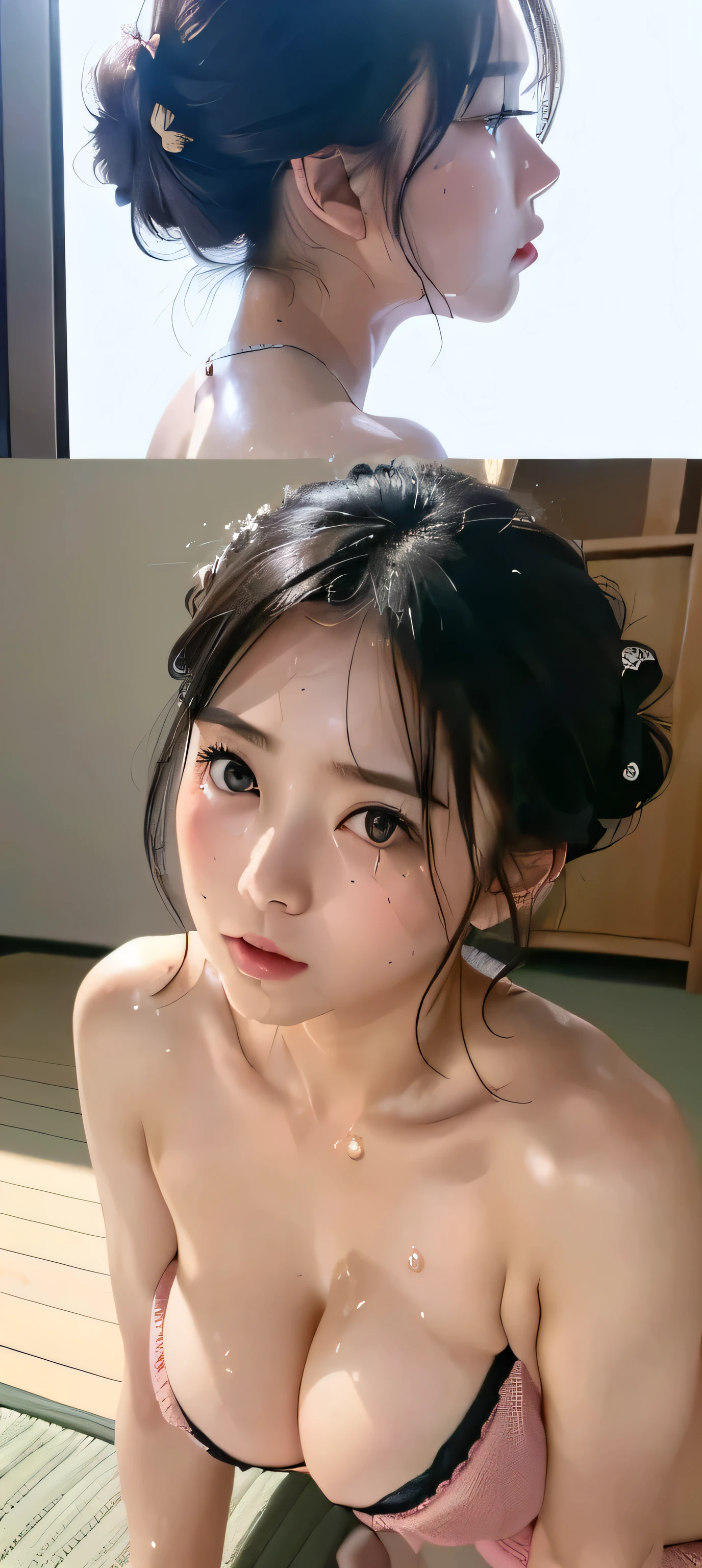 (8k,RAW Photos,Like a photograph:2.0),masterpiece,Highest quality,((The most beautiful mother in Japan))、((sexly))((A mother who gives very strict sex education))((Too sexy mom))、((Big breasts that are too big and a little saggy))、((Very soft breasts))、((length, fluffy, Beautiful black hair(Evening updo:1.45))), ((Wearing a lewd shiny micro bikini))((Perfect body))、((A cool face with a pure and sexy expression))、((A motherly face))、((Sweaty body))((Tears and sexy eyes))、((Sunlight exposure))、((Beach Background))((Everything is overflowing with sexiness))、((When she sweats, her skin gets oily.、She's Shining.))、((Realistic mommy boobs))、((Sweaty, Glowing Skin))、((Super sexy body))((Sexy atmosphere photo))、((White sweat is running down her cleavage))、、((Plump))((Breasts that you want to suck))、((she looks shyly at the camera, Confused expression))、((The shape of the female genitalia is clearly visible))、((Random glamour model poses))、((((Extremely accurate anatomy))))