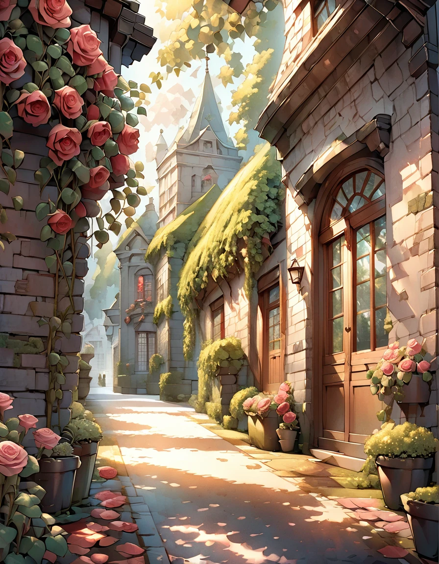 extremly detailed, illustrations A highly (detailed:1.5) (anime-style illustration:1.5),of a picturesque European street. The (main building in focus:2)has an (old-world charm:2), with its facade intricately painted with (vibrant floral patterns:2). (Pink:2) and (red roses:2.2)cascade down from the roof, covering the walls in a lush, (blooming display2.5). The (building features:2.5)classic windows with green shutters, partially open to let in the warm sunlight, which casts gentle (shadows:1.5) across the cobblestone street. (Surrounding buildings:2) are equally quaint, adorned with ivy and (small potted:2)(plants:2), contributing to the street's lush, (green atmosphere:2). The overall scene should evoke a sense of peace and whimsy, capturing the magic of a serene, flower-covered alley in a historic town, with warm lighting that enhances the fairy-tale mood.