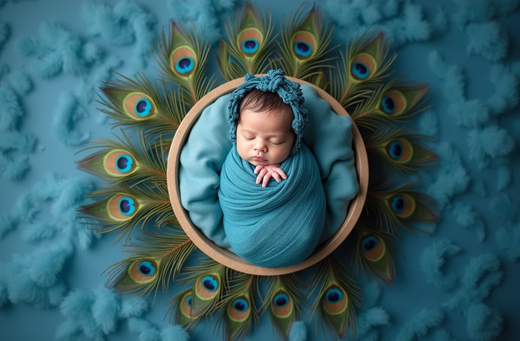 arafed baby wrapped in a blue wrap in a bowl with peacock feathers, peacock feather wrap the head, teal studio backdrop, cyan photographic backdrop, photo of a beautiful, maternal photography 4 k, wrapped blue background, photo taken with nikon d750, photo taken with nikon d 7 5 0, blue feathers, peacock feathers