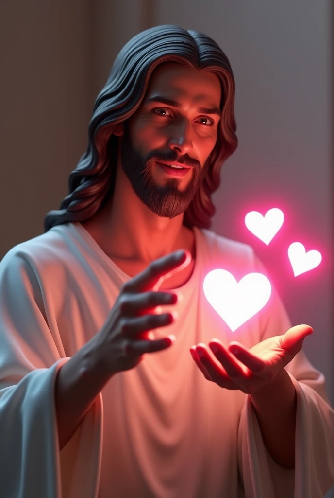 Create a hyper-HD, ultra-hyper-realistic image of Jesus smiling gently. He is pointing with one hand towards a comment text bubble below him, floating against a lighting background. Inside the text bubble are three glowing pink hearts, emitting a soft radiance. The background should have a gentle, ambient lighting effect that enhances the overall warmth and positivity of the scene. Jesus's expression should be peaceful, with the lighting adding a serene and inviting atmosphere."