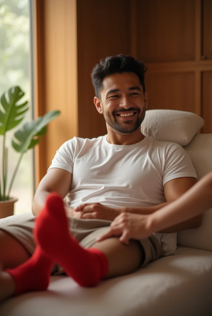 Handsome malaysia man wearing red sock get foot massage