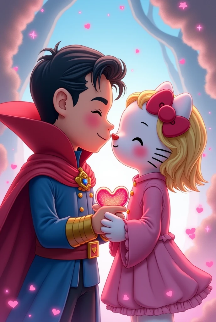 Create a drawing of Dr.. Strange in love with Hello Kitty giving each other a kiss and making a heart with his hands, both in a Kawai version 