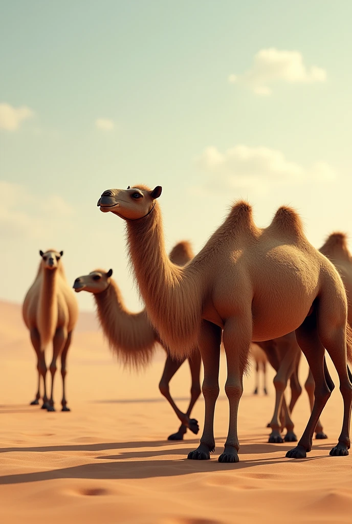 Many beautiful camels and one lonely camel