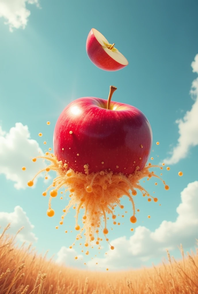 An apple falling from the sky and disintegrating into a juice box and showing the transformation.
