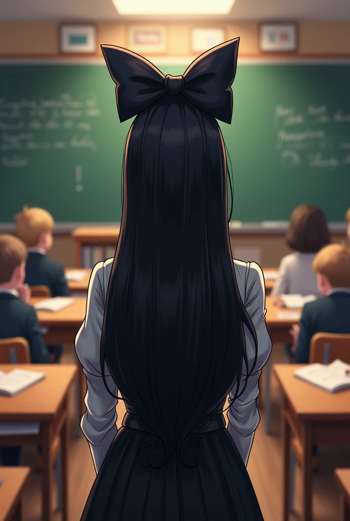 Teacher with long black hair, with a big Coquette bow in her hair, backwards, inside a classroom with children