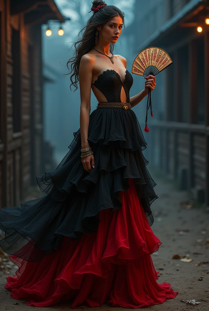 Western woman with sensual look , wearing black and red 7 layer skirt and fan in hand at night