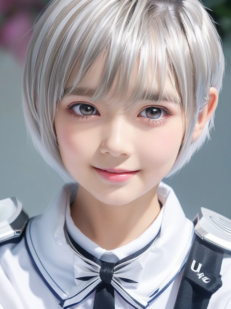 A portrait of a young girl in school uniform, with a bright expression, glowing white skin, glossy face, shimmering cheek gloss, small face, round face, best looks, bright silver hair with shimmering highlights, very beautiful glossy hair, (ultra short hair:2.0),(silver hair:1.5), beautiful shiny bangs drawing the eyes, shimmering clear alluring bright large pale blue eyes, very large eyes, downturned eyes, eyeliner, very thin eyebrows, a very beautiful, lovely, and cute girl, charming smile,perfect bust,masterpiece,photorealistic, 8k, high quality, masterpiece, realistic portrait