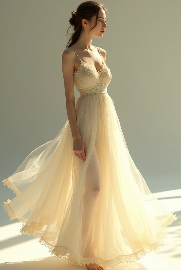 White and light yellow dress girl front side

