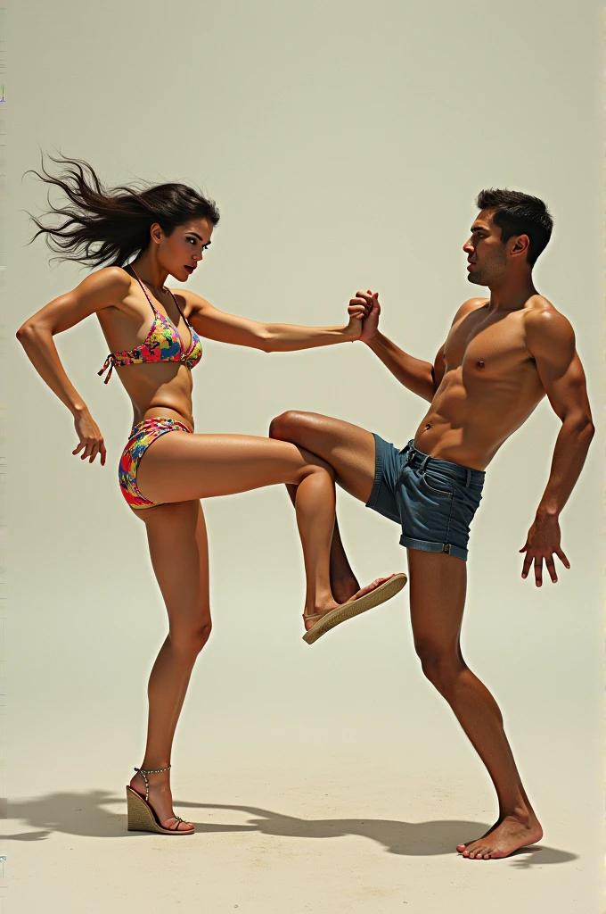 A girl in bikini kicking a gay guy
