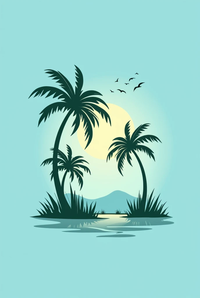 minimalistic logo, in the icon style for social network profile with three buriti palm trees (Mauritia Flexuosa) in the swamp, with the sun showing in the blue sky, with birds flying in the distance in the sky.