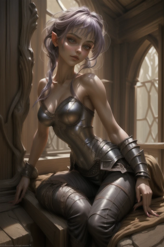 (best quality,4k,8k,highres,masterpiece:1.2),ultra-detailed,(realistic,photorealistic,photo-realistic:1.37),HDR,UHD, ((sabrina)), gnome, short stature, serious face, character, studio lighting,ultra-fine painting,sharp focus,physically-based rendering,extreme detail description,professional,(lavender hair), (gigantic breasts), short hair, rogue ((fantasy black leather armor)), long claws 1.1, long nails 1.1, frlgsabrina, (blunt bangs), vivid colors,bokeh,portraits,soft colors,warm lighting,glowing skin,delicate features,expressive eyes,sensual lips,flawless complexion,subtle makeup,feminine posture,ethereal atmosphere,dreamy summer vibes,golden hour lighting,gentle breeze,warm sunlight,playful smile,graceful movement,seamless integration between subject and background,subtle texture,filmic aesthetic,elaborate hairstyles,graceful gestures,curve-hugging outfit,vibrant color palette,soft focus,romantic ambiance,inside chambers,stone architecture,beautifully adorned columns,timeless setting.