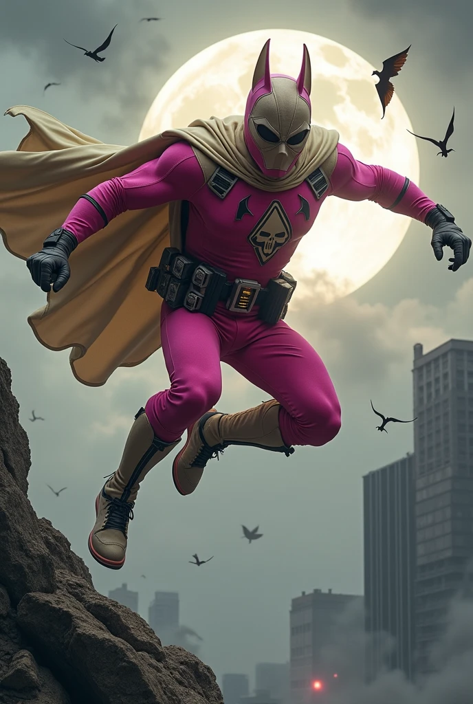 Malaysia man in high-tech suit, vivid effects, malaysian superhero (KELUANG MAN)(( in a striking pink and beige costume cyberpunk design, mask small mini bat ear beige, daredevil beige mask, ))jumpsuit dark pink stands confidently in a dramatic.jumping from high place.hero costume.one hand rise up. Big triangle logo on the chest.high detail Punisher logo on the chest. Fighting pose , stormy landscape. ((Head covered node guard like batman. Running pose , athletic body type, small mini ear bat mask))The character wears domino mask a helmet with pointed mini torn ears and a flowing cape biege, open nose and mouth. Equipped with visible futuristic weapons on a belt,bullet proof jacket pink dark day.show fingers pose, dark night, big supermoon effect . Small logo on chest triangle shape small punisher logo center(( skull triangle Casey Jones mask shape logo)) center on chest pink logo mini logo . rocky. Building top.smoke ground.((jumping from the building Man hangging on the black rope)) , bomb effect background, losse pants, losses costume.adding to --ar 3:4 --style raw --stylize 500 --v 6.1. chaos. Lot of small flying bat. One leg on the high stone. Man. Wear hologram watch.. Real man age 40 year old. One hand holding belt.one hand holding black rope hanging on building. Big pant pink. Beige cape joodie.(( Loose pant)) , jump on high building)marvel , X-Men.