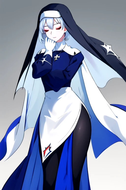 , closed eyes,
blue habit, cross necklace ,white gloves, long sleeves, nun, long skirts, cape, standing, white skin, red eyes,
1girl, Solo, Masterpiece, Best Quality, Breasts,