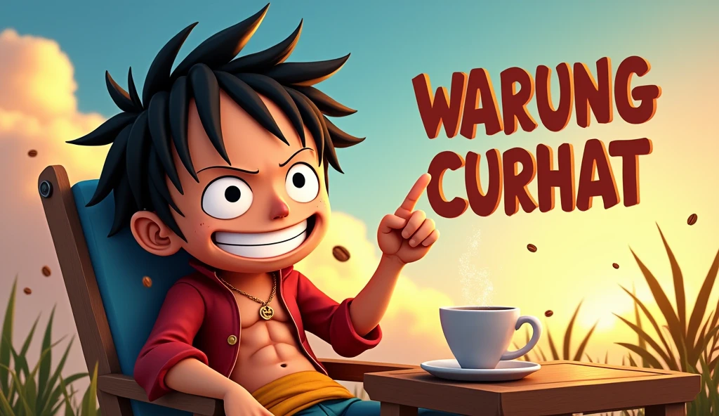4D caricature of Luffy's big head. He is very confidently sitting relaxed on a lazy chair and hot coffee on the wooden table beside him, and his right hand is pointing at the big text "WARUNG CURHAT" with cheerful letters and correct spelling, beside him. The bright sky of dusk background shows splashes of tea leaves, coffee beans, and empty bubble text, emphasizing the fun of spending time with friends. The cartoon emphasizes the details of the face and text, with a blend of subtle and bright colors. Hyperdetail, UHD 8K, 3D rendering.