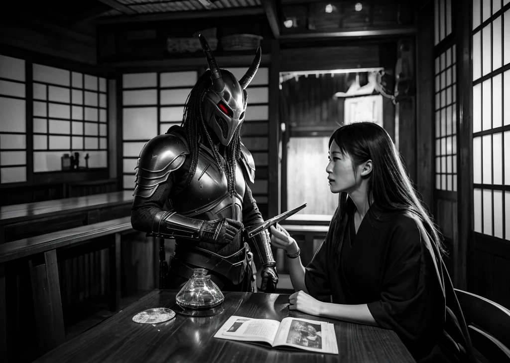 dark,izakaya,japan,middle ages,monochrome,castle,science fiction,predator,yautja