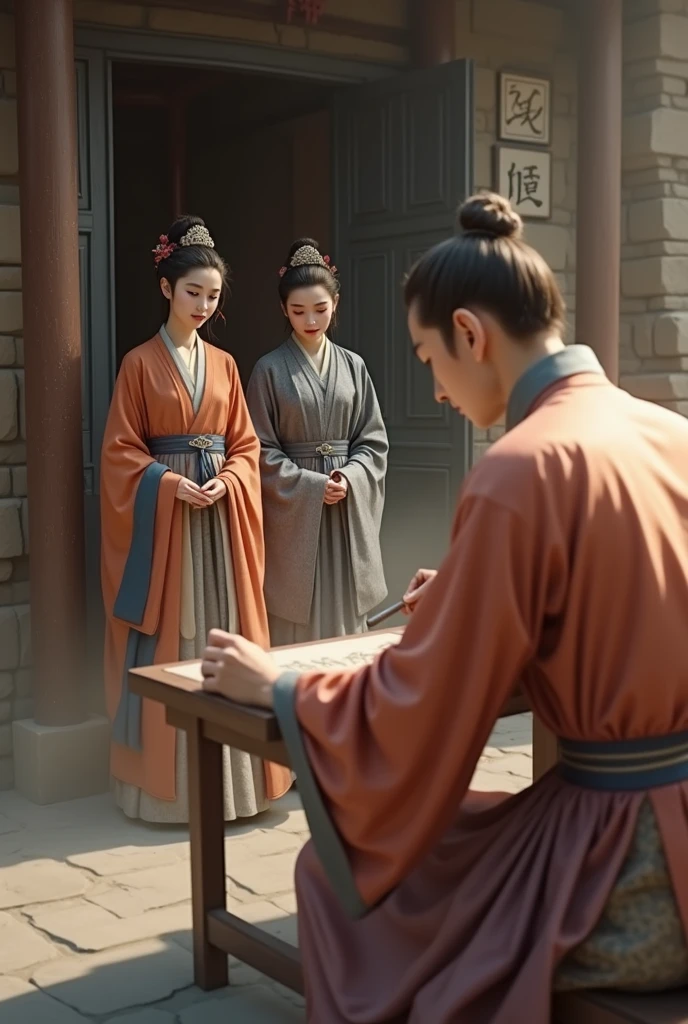 Personality details, realistic image, real people, ancient Chinese era, Han Fu Dynasty era, a young woman wearing a valuable orange and blue silk dress walking with a maid wearing a gray brocade dress, wearing a white robe over a servant's robe, standing in front of the inspection station to enter the city, found a young man sitting in a red dress, wearing a gray robe over a table, stamping an imprint, the atmosphere shows the past of the old city, filled with dust.