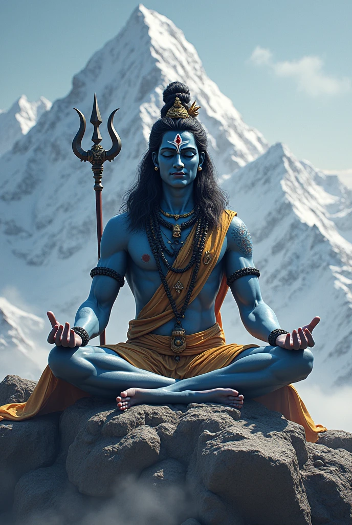 Adiyogi lord shiva image  and and he seat on kailash amountain and trisul in his side and damru on it  and he is in dgyan mudra, just give tiger cloth , baghamber and he is in meditation