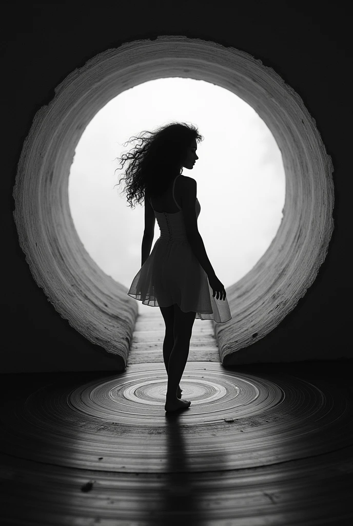 Music layer: LP record with a girl with her back turned inside the record as if it were a mirror with her back walking towards the beyond, black, curly hair and black and white image