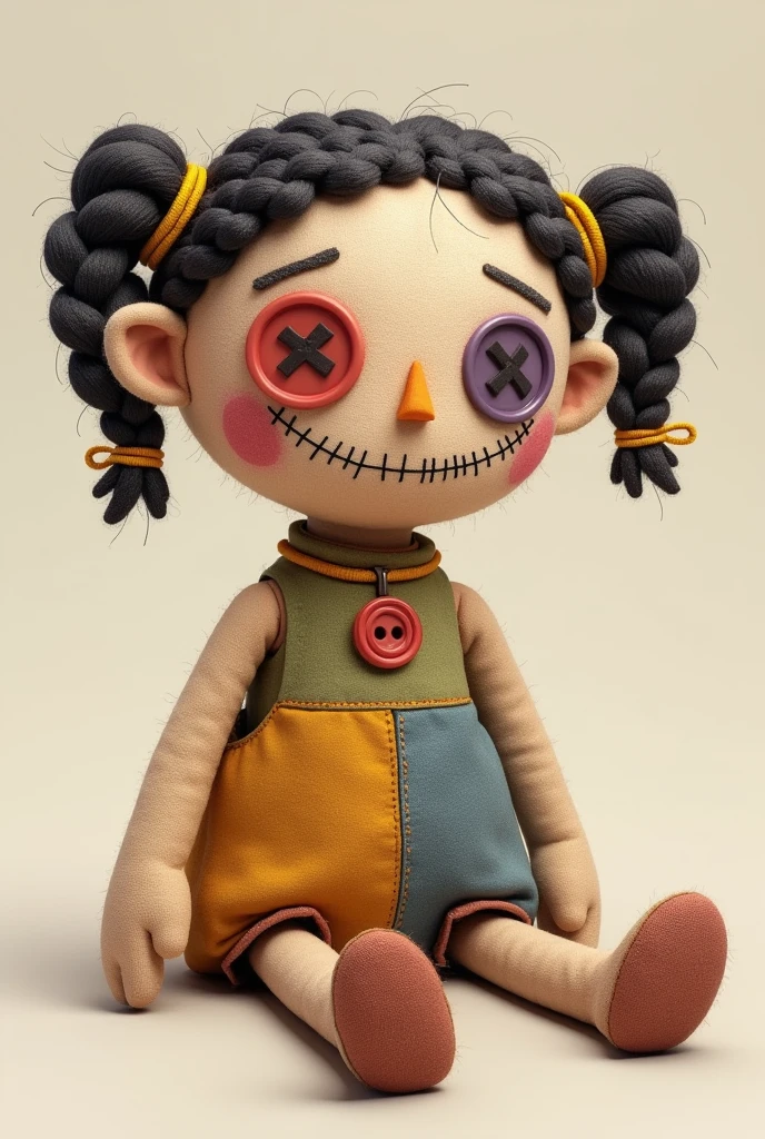 Style: The style of the image is cartoonish or cartoon "This must be important in 2D."
Body: The doll has a light brown body made of fabric, with visible seams in several parts, giving it a patched and handcrafted look.
Eyes: The eyes are represented by two buttons, one large red and the other small purple, sewn with white thread in the shape of an "X" and a "T".
Mouth: The mouth is sewn in a curved line with thick stitches and is black with white or gray threads.
Hair: He has a type of hair made of thick, dark braids or curls, which appear to be tied on the top of his head with a yellow thread or rope.
Accessories: There is a small metal closure (zipper type) on the neck, which adds a unique and distinctive touch.
Posture: The doll is sitting with her legs extended, giving the feeling of an old or worn toy.