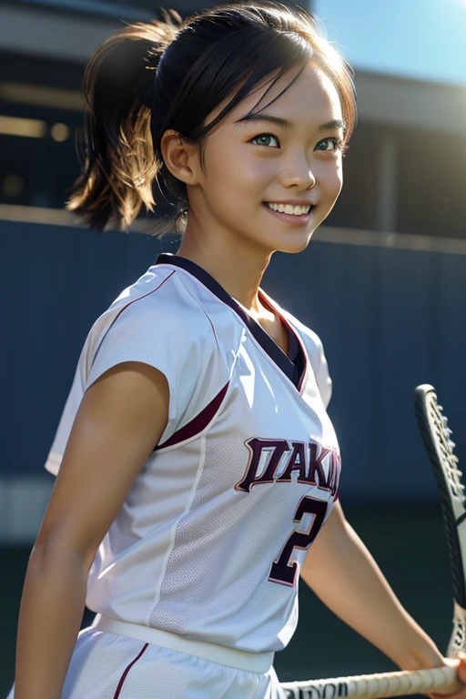 (8k, RAW photo, best quality, masterpiece), (photorealistic), outstanding details, ultra-high resolution, anatomically correct, textured skin, (Extremely precise and accurate anatomy),
Ultra Detailed Face, Detailed Eyes, 

(Cute Japanese girl), 
Lacrosse player, tanned skin, smiling face, holding Lacrosse stick, Running, Ponytail,

(backlighting), 
reflection light, 
atmospheric perspective, depth of field, 
(dramatic lighting), cinematic lighting, 