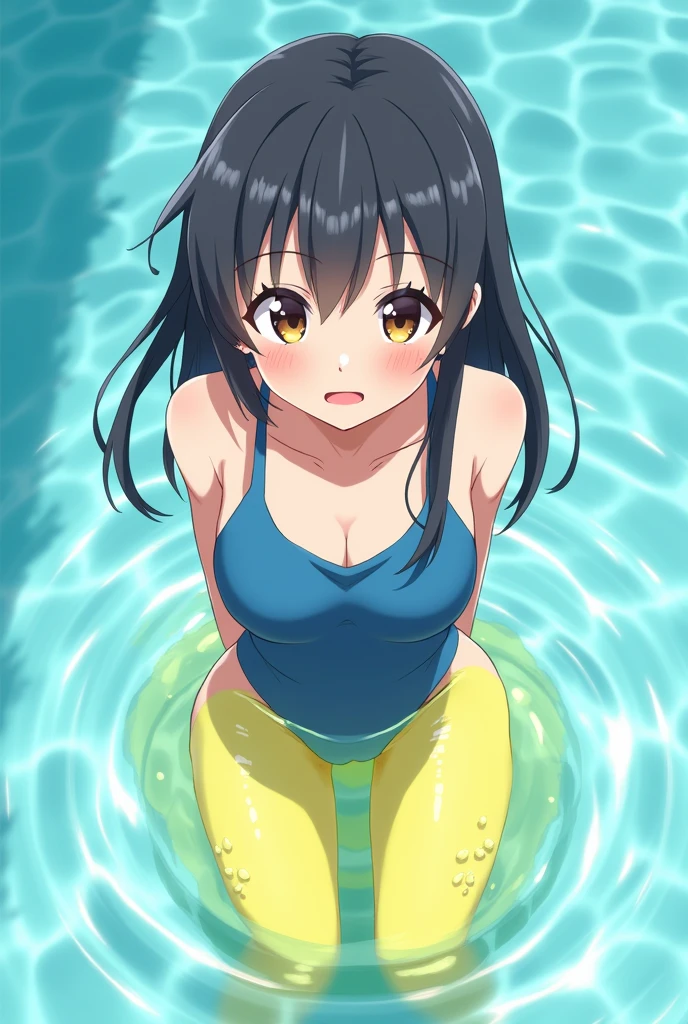 Anime girl, girl in the pool, girl in a blue swimsuit, pissing, pissing herself, pissing bright yellow urine, bright yellow urine gets into the pool, bright yellow urine dissolves in the pool