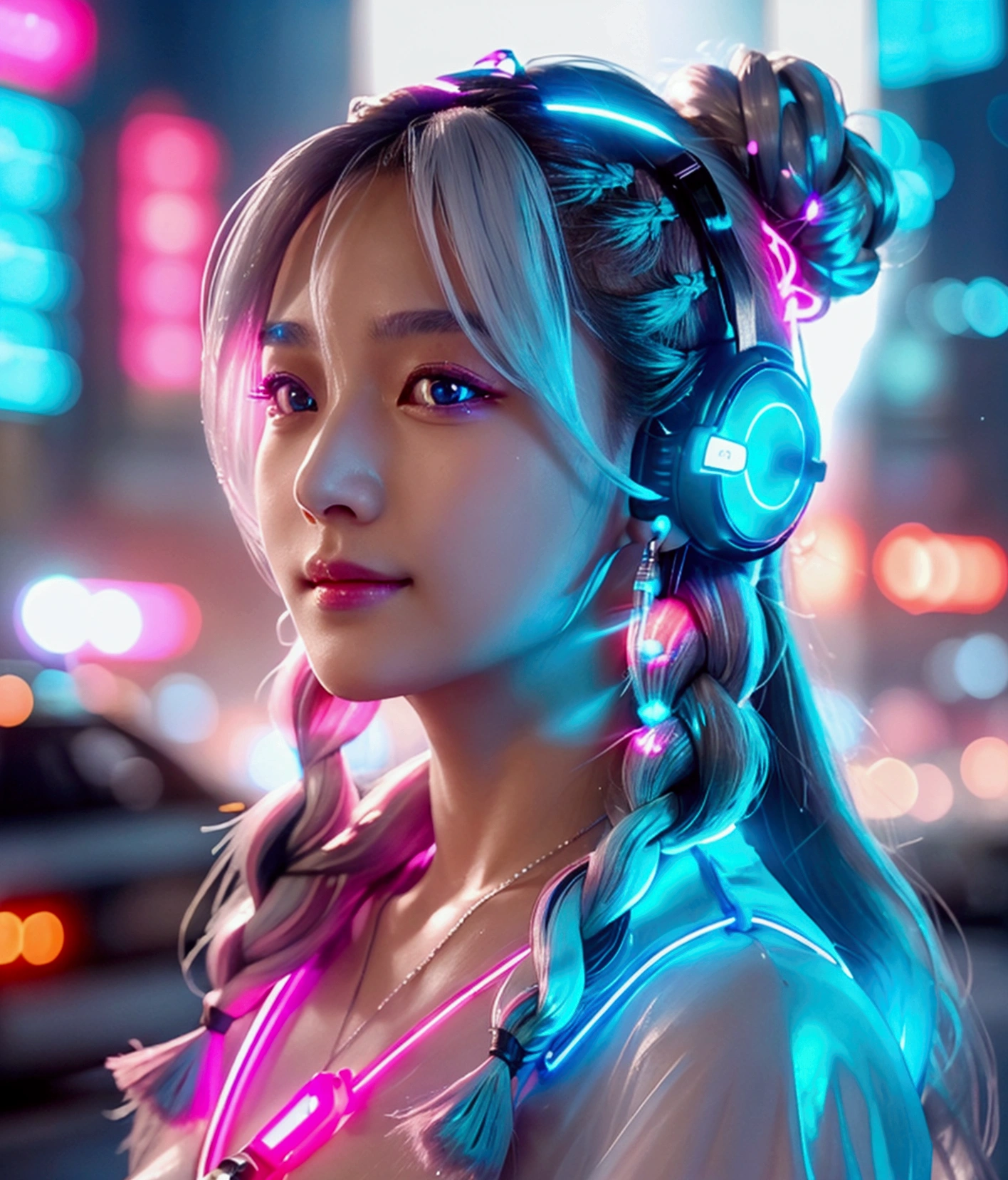 1 woman, Chinese_clothes,Cyber,How many guards?,naked body,Big breasts, nipples,See the smooth vagina,Cyberพังค์ city, dynamic gesture, Glowing headphones, glowing hair accessories, long hair, glow earrings, Fluorescent necklace, Cyberพังค์, เมืองที่มีtechnologyสูง, full of mechanical and of the future elements, of the future, technology, glowing neon, pink, Light blue, Clear tool, Transparent beam, laser, City Sky Digital Background, Big Moon, with vehicles, best quality, Masterpiece, 8ก, Edge of character light, Extremely high detail, High quality, The most beautiful woman in humanity, smile a little, The face faces left and right symmetrically., Ear decoration, Beautiful iris light effect, Image data, I have silver-white hair, Hair is not messy, long hair,Two high bun braids hairstyle, Luminous electronic clock, deep eyes, be happy, English Doodle Writing