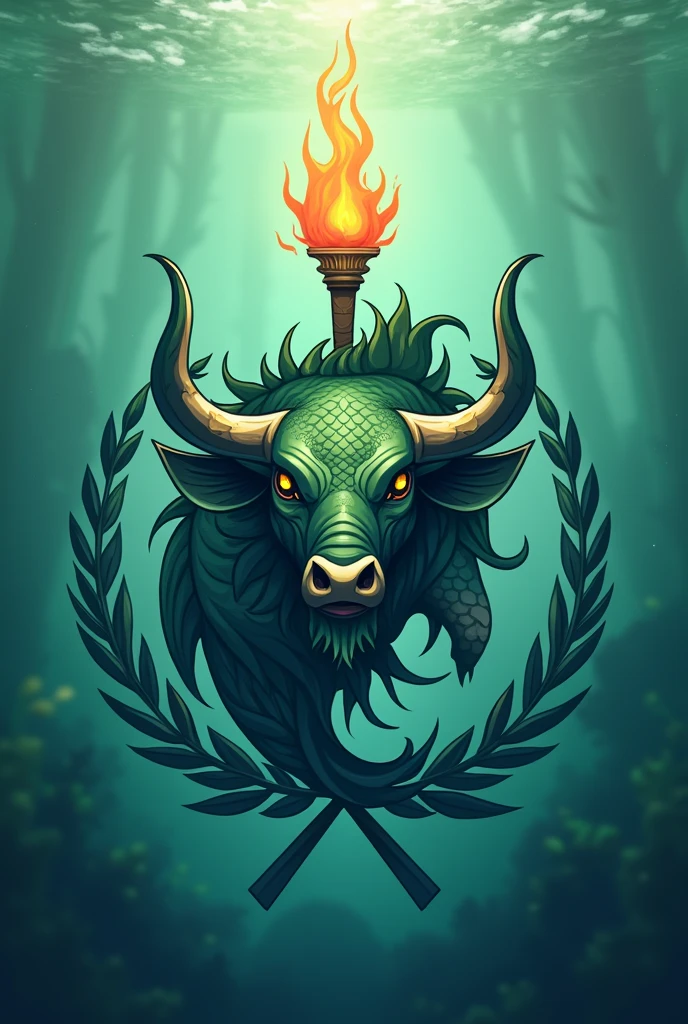 Design a logo featuring a unique combination of a fish and a water buffalo, adorned with a torch and laurel elements. Incorporate shades of green and blue to convey a sense of harmony and tranquility. Be creative and innovative in showcasing the fusion of these symbols to symbolize strength, power, and growth. make it color green and blue