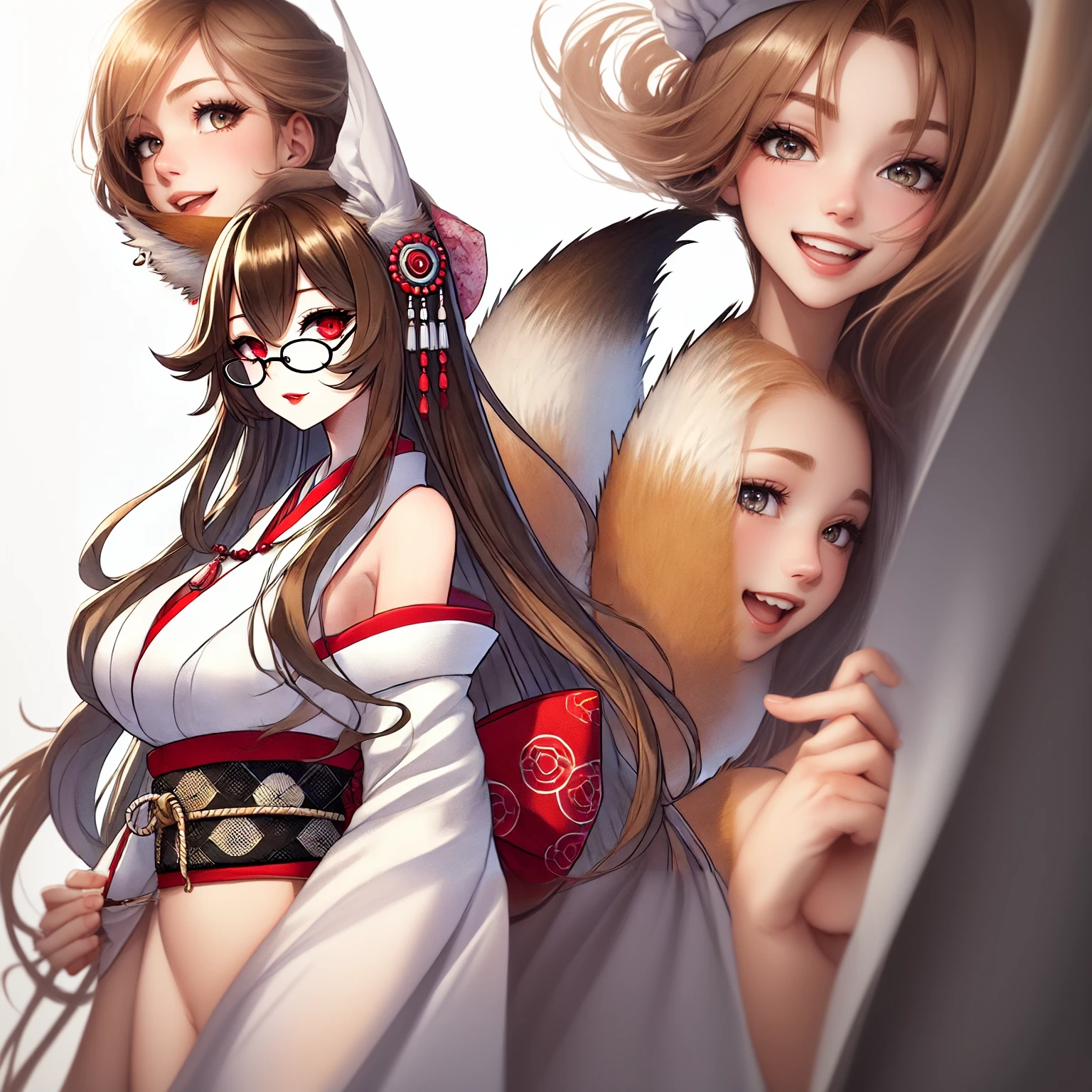 Alice, style artistique animé, 1fille, seulement, seins, regarder_à_téléspectateur, sourire, court_cheveux, ouvrir_bouche, grand_seins, reD_yeux, cheveux_entre_yeux, supérieur_boDy, blanc_cheveux, :D, flou, chef