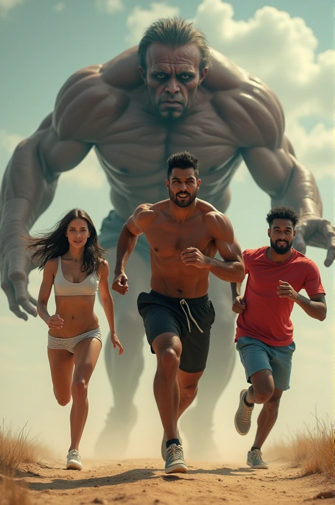 Make a muscular Indian, running alongside a white lesbian and an ugly dark-skinned man with a big double chin running from a fat cannibal woman