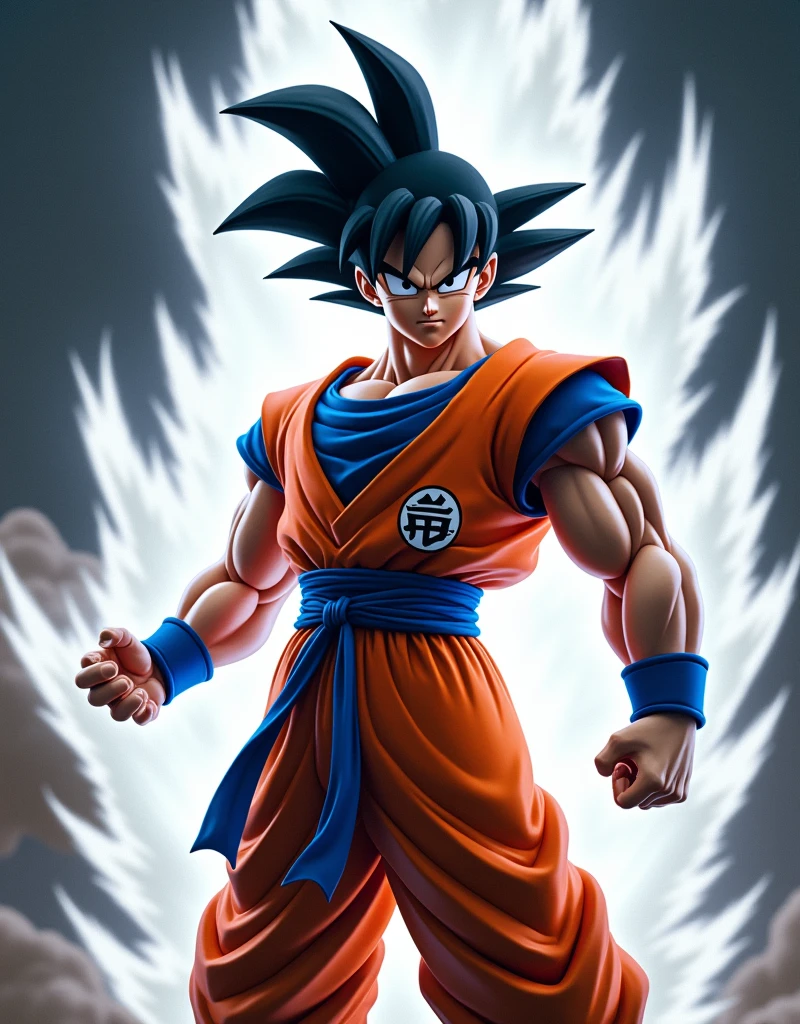 "Goku ultra instinct, with his signature transformation of white eyes and black and white aura, generated with Unreal Engine 5.1 to create an epic and detailed battle environment. Nvidia RTX GeForce 4090 rendering focuses on creating dynamic lighting and shadow effects, highlighting the intensity of the battle. Intel Core i9-13900K processing is used to simulate the realistic physics of Goku and his opponents&#39; movements, creating a fluid and realistic visual experience. Goku&#39;s design is faithful to the original, with his orange and blue suit, and his Ultra Instinct transformation is precise and detailed. The image is hyperrealistic, with extremely precise textures and details, and a cinematic aspect that emphasizes the action and intensity of the character."