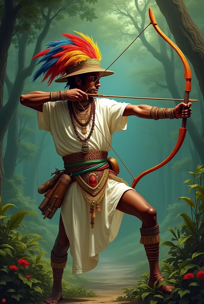 Orisha Oxossi shooting the arrow with his white tunic ofá, over which he wears a hunter's outfit. Your hat has feathers.