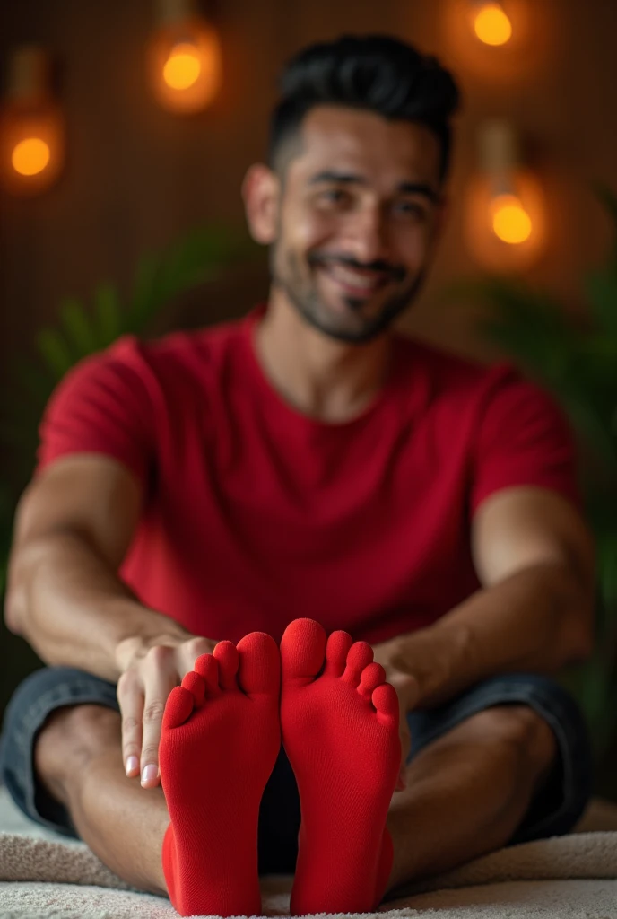 Handsome malaysia man wearing red sock get feet massage