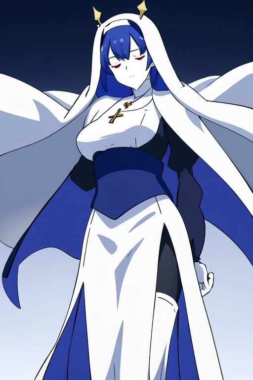 , closed eyes,
blue habit, cross necklace ,white gloves, long sleeves, nun, long skirts, cape, standing, white skin, red eyes,
1girl, Solo, Masterpiece, Best Quality, Breasts,