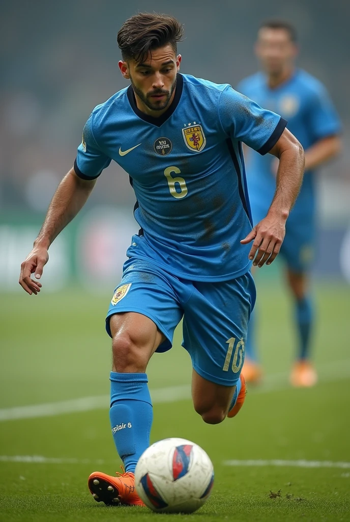 A realistic image of a soccer ball player in a blue uniform with the number 6. The uniform is transparent, It is dirty with grass and dirt and is stuck to the body due to the player's sweat