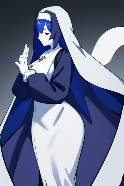, closed eyes, 
 blue habit, cross necklace ,white gloves, long sleeves, nun, long skirts, cape, standing, white skin, red eyes, 
   1girl, Solo, Masterpiece, Best Quality, Breasts, 