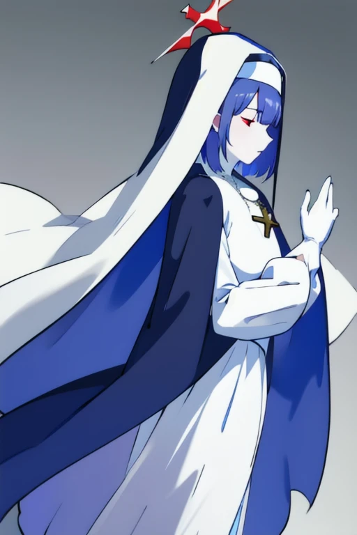 , closed eyes,
blue habit, cross necklace ,white gloves, long sleeves, nun, long skirts, cape, standing, white skin, red eyes,
1girl, Solo, Masterpiece, Best Quality, Breasts,