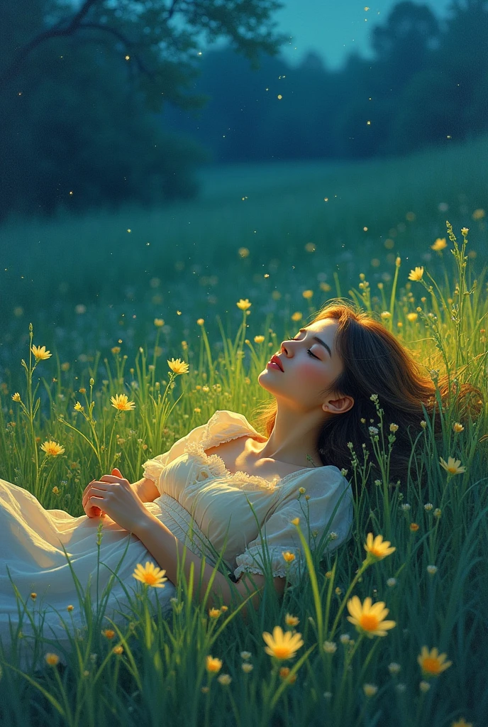 A pretty girl laying down in grass field with fireflies and shinny flowers all around oil pastel painting wide dreamy starry picture
