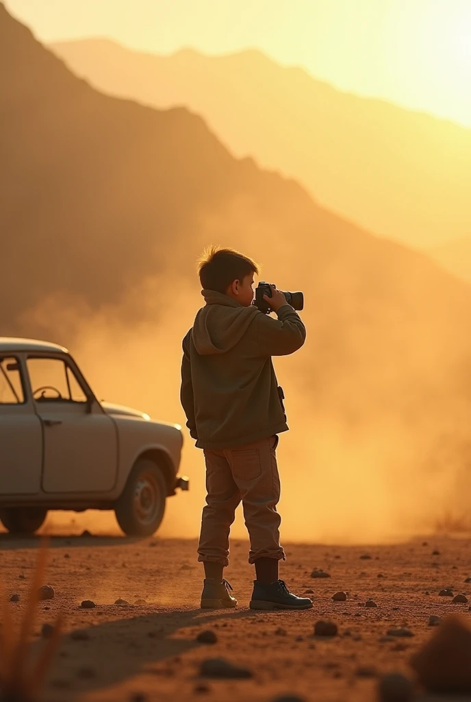 Sardar boy back side
shooting with camera in desert with long shoes , behind dusty car , action , mountains, jacket cinematic footage, sun rays ,